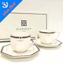 ◆ジバンシィ GIVENCHY◆ロゴ ライン カップ&ソーサー セット 2客 ペア ホワイト 箱付 インテリア キッチン_画像1