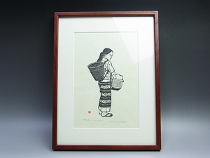 Art hand Auction ◆ Keiichiro Nakane ◆ Grabado en madera ◆ Mujer del mercado ~ Park Ben, En Laos~◆Firmado y sellado◆Enmarcado: 39, 5×30, 3cm◆, obra de arte, imprimir, grabado en madera