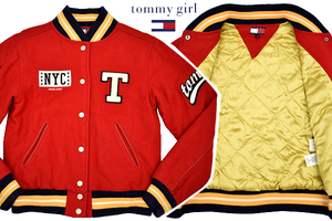 A-3741★美品★tommy girl トミーガール★正規品 レッド赤色 刺繍 ワッペン 中綿キルティング メルトンウール スタジアムジャンパー Ｍ