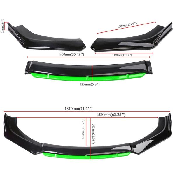 新品　汎用フロントバンパー リップ スポイラー フロントリップスポイラー 黒&緑 汎用リップスポイラー