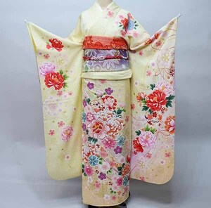 振袖 正絹 着物 単品 仕立て上がり 百花繚乱 牡丹 菊 花刺繍 クリーム色 新品（株）安田屋 NO36678