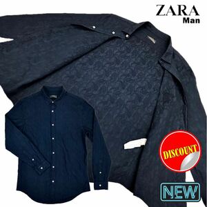 【ZARA Man新品★送料込み即決価格!!】ザラ メンズ ネイビー 総柄 セルフパターン（自模様）ペイズリー 100%コットン素材 カジュアルシャツ