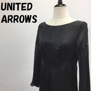 【人気】UNITED ARROWS/ユナイテッドアローズ サテン調 ドレスワンピース 袖シフォン プリーツ袖 ブラック サイズ38/S2870