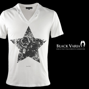 9#zkk035-wh BLACK VARIA 星スター バラ薔薇花 オリジナルプリント コットン100% 半袖 Vネック Tシャツ 細身 メンズ(ホワイト白) M 日本製