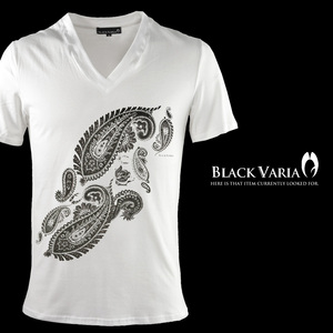 9#zkk039-wh BLACK VARIA 大小ペイズリー配置 オリジナルプリント コットン100% 半袖 Vネック Tシャツ 細身 メンズ(ホワイト白) XL 日本製