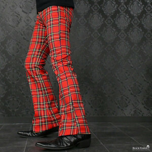 0#182751-re BLACK VARIA タータンチェック 裾広ブーツカット フレアパンツ ストレッチ メンズ (レッド赤) L31 お洒落 ラッパズボン 脚長