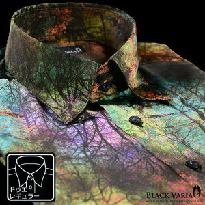 6#a171315-grbr BLACK VARIA 影絵 夜 森 オパール 玉虫 ドゥエボットーニ [レギュラーカラー] 長袖シャツ メンズ(緑×茶) XL ステージ衣装