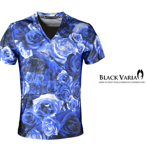 9#bv05-bl BLACK VARIA 薔薇 大輪 花 有刺鉄線 プレミアム Vネック 半袖Tシャツ メンズ(ブルー青) 3L ステージ 吸水速乾＆2wayストレッチ