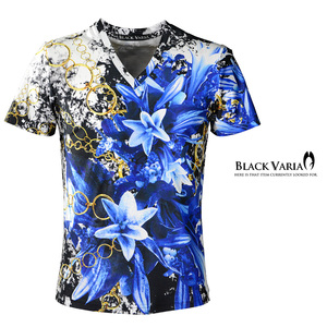 9#bv07-bl BLACK VARIA 百合 花 リングチェーン柄 プレミアム Vネック 半袖Tシャツ メンズ(ブルー青) L 日本製 吸水速乾＆2wayストレッチ