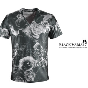 9#bv05-bk BLACK VARIA 薔薇 大輪 花 有刺鉄線 プレミアム Vネック 半袖Tシャツ メンズ(ブラック黒) 3L ステージ 吸水速乾＆2wayストレッチ