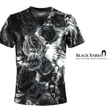 9#bv10-bk BLACK VARIA 薔薇 花 チェーン ゼブラ プレミアム Vネック 半袖Tシャツ メンズ(ブラック黒) 3L 日本製 吸水速乾＆2wayストレッチ_画像1