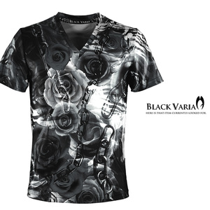 9#bv10-bk BLACK VARIA 薔薇 花 チェーン ゼブラ プレミアム Vネック 半袖Tシャツ メンズ(ブラック黒) 3L 日本製 吸水速乾＆2wayストレッチ