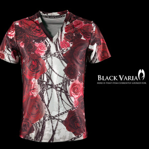 9#bv06-re BLACK VARIA 薔薇 バラ 花 チェーン柄 プレミアム Vネック半袖Tシャツ メンズ(レッド赤) LL 日本製 吸水速乾＆2wayストレッチ