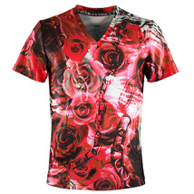 9#bv10-re BLACK VARIA 薔薇 花 チェーン ゼブラ プレミアム Vネック 半袖Tシャツ メンズ(レッド赤) LL 日本製 吸水速乾＆2wayストレッチ_画像1