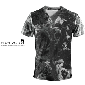9#bv04-bk BLACK VARIA 薔薇 大輪バラ ローズ 花 プレミアム Vネック 半袖Tシャツ メンズ(ブラック黒) LL 日本製 吸水速乾＆2wayストレッチ