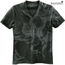 9#bv10-gybk BLACK VARIA 薔薇 花 チェーン ゼブラ プレミアムVネック半袖Tシャツ メンズ(ブラック黒グレー灰) LL 吸水速乾 2wayストレッチ_画像6