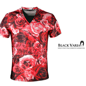 9#bv05-re BLACK VARIA 薔薇 大輪 花 有刺鉄線 プレミアム Vネック 半袖Tシャツ メンズ(レッド赤) LL コスプレ 吸水速乾＆2wayストレッチ