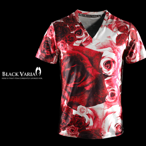 9#bv04-re BLACK VARIA 薔薇 大輪バラ ローズ 花 プレミアム Vネック 半袖Tシャツ メンズ(レッド赤) 3L 日本製 吸水速乾＆2wayストレッチ