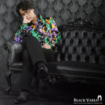 6#935727-bk [SALE] BLACK VARIA カラフル スモーク 光 乱舞 スキッパー ボタンダウン 薔薇ジャガード ドレスシャツ(ブラック黒×緑紫) M_画像7