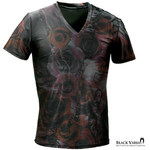 9#bv10-gyre BLACK VARIA 薔薇 花 チェーン ゼブラ プレミアムVネック半袖Tシャツ メンズ(グレー灰レッド赤) 3L 吸水速乾 2wayストレッチ