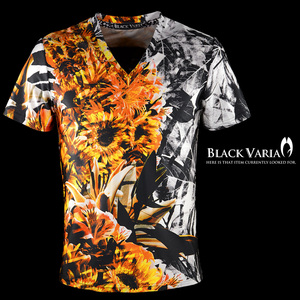 9#bv08-or BLACK VARIA ボタニカル 葉柄 花柄 プレミアム Vネック 半袖Tシャツ メンズ(オレンジ橙) M 日本製 吸水速乾＆2wayストレッチ
