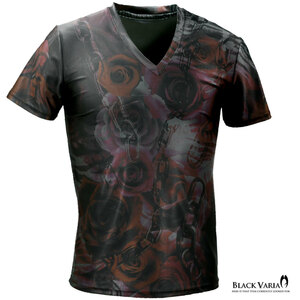 9#bv10-gyre BLACK VARIA 薔薇 花 チェーン ゼブラ プレミアムVネック半袖Tシャツ メンズ(グレー灰レッド赤) L 吸水速乾 2wayストレッチ