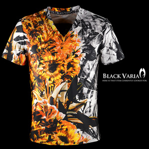 9#bv08-or BLACK VARIA ボタニカル 葉柄 花柄 プレミアム Vネック 半袖Tシャツ メンズ(オレンジ橙) LL 日本製 吸水速乾＆2wayストレッチ