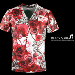 9#bv09-re BLACK VARIA バラ花柄 ボールチェーン プレミアム Vネック 半袖Tシャツ メンズ(レッド赤) L 日本製 吸水速乾＆2wayストレッチ