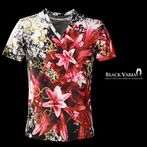 9#bv07-re BLACK VARIA 百合 花 リングチェーン柄 プレミアム Vネック 半袖Tシャツ メンズ(レッド赤) L 日本製 吸水速乾＆2wayストレッチ_画像1