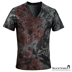 9#bv08-gyre BLACK VARIA ボタニカル 葉柄 花柄 プレミアム Vネック 半袖Tシャツ メンズ(レッド赤グレー灰) L 吸水速乾＆2wayストレッチ