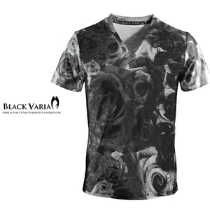 9#bv04-bk BLACK VARIA 薔薇 大輪バラ ローズ 花 プレミアム Vネック 半袖Tシャツ メンズ(ブラック黒) L 日本製 吸水速乾＆2wayストレッチ