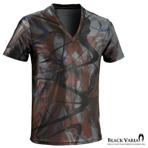 9#bv11-gyre BLACK VARIA モダン 曲線カーブ ムラ プレミアムVネック半袖Tシャツ メンズ(グレー灰レッド赤) L 吸水速乾＆2wayストレッチ