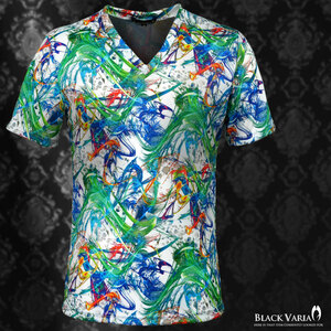 9#163903-whgr [SALE] ブラックバリア ギャラクシー 幾何 グレア ネオン レインボー Vネック 半袖Tシャツ メンズ(ホワイト白グリーン緑) L