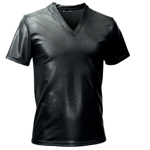9#193201a-2bk ブラックバリア 光沢 ストレッチ スリム 半袖 Vネック Tシャツ メンズ 日本製 無地 (光沢 黒) LL きれいめ モードカジュアル