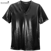 9#193203-bk BLACK VARIA 半袖 Tシャツ Vネック バイアスチェック柄 ダイヤ柄 日本製 光沢 メンズ(ブラック黒) LL モード ステージ衣装_画像6