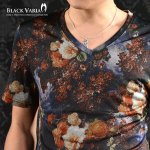 9#163202-bl [SALE] BLACK VARIA きれいめ ローズ 花柄 宇宙 コズミック 細身 Vネック 半袖 総柄 Tシャツ メンズ(ブルー青オレンジ) XL