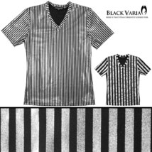 9#163919-sih BLACK VARIA ロンドンストライプ 縦縞 箔 光沢 Vネック 半袖VネックTシャツ メンズ(細シルバー銀ブラック黒) LL ダンス_画像3