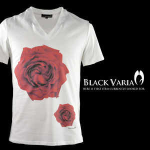 9#zkk009-wh BLACK VARIA 大輪バラ 薔薇 花柄 オリジナルプリント コットン100% 半袖 Vネック Tシャツ 細身 メンズ(ホワイト白) XL 日本製