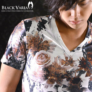 9#bv01-br BLACK VARIA 薔薇 バラ 花 チェーン柄 プレミアム Vネック 半袖Tシャツ メンズ(ブラウン茶) 3L 日本製 吸水速乾＆2wayストレッチ