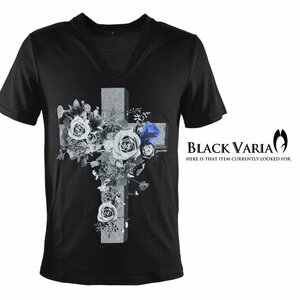 9#zkk028-bk BLACK VARIA 十字架 バラ 薔薇 花 オリジナルプリント コットン100% 半袖 Vネック Tシャツ 細身 メンズ(ブラック黒) M 日本製