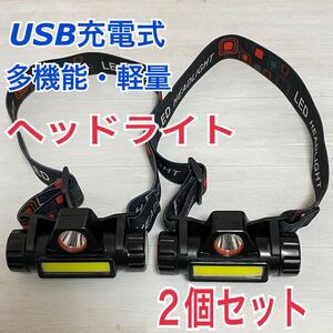 2個セット 軽量 LEDヘッドライト USB充電式 90°回転 キャンプ 登山