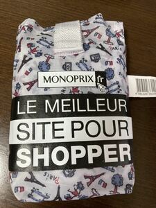 モノプリ エコバッグ 旧柄　MONOPRIX フランス エッフェル塔 パリの街並み柄　ホワイトベース　スーパーマーケット　モノプリエコバッグ