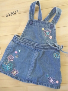 KRU/海外18m＊蝶々とお花刺繍のデニムサロペットスカート