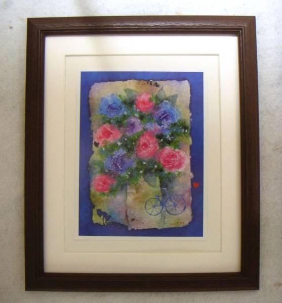 Shintaro Fujioka Blue Roses and Bicycle Offset Reproduction with Wooden Frame, Painting, Oil painting, Nature, Landscape painting