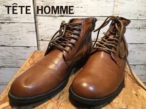 （43）即決★TETE HOMME★40(25㎝位)サイドジップブーツ テットオム メンズ ブラウン 本革 ヒール　whoop-de-doo