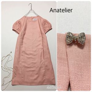 Anatelier Anatelier. rear biju- ribbon tia-do puff sleeve One-piece pink beautiful color free shipping 