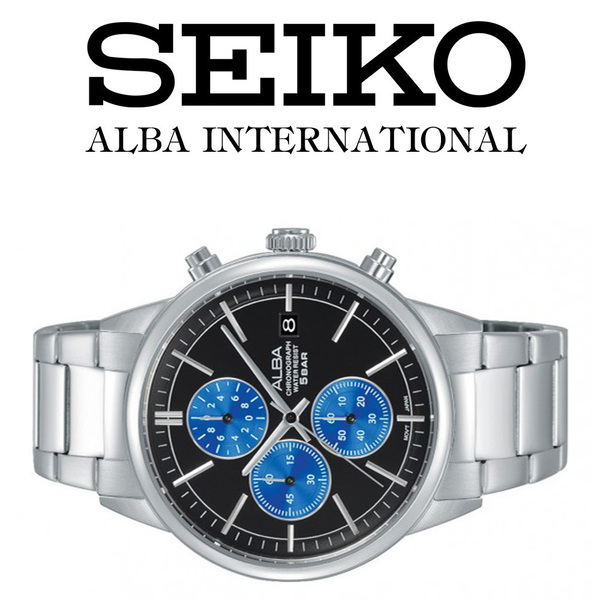 GW特価☆お買い得☆高視認性☆美品☆逆輸入品☆未使用品☆SEIKO ALBA（セイコーアルバ）美しく青いクロノグラフ☆黒文字盤☆匿名発送