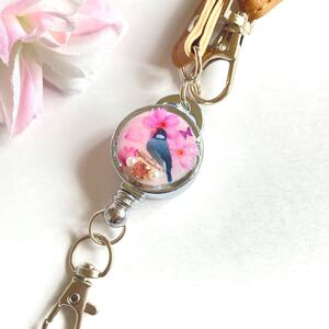 キーリール バッグチャーム キーホルダー アクセサリー 文鳥 桜 ピンク リールキーホルダー ハンドメイド