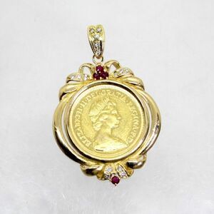 * used beautiful goods *18 gold frame ruby 0.18ct diamond 0.11ct Sovereign coin pendant 