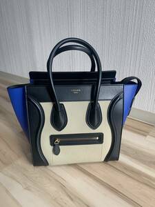 1度使用美品　CELINE　セリーヌ　ラゲージ マイクロショッパー　Luggage　ハンドバッグ　青　ベージュ　黒　バイカラー